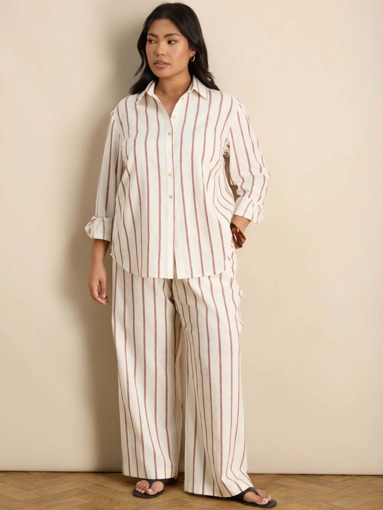 Live Unlimited Oatmeal Striped Linen Blend Long Sleeve Shirt