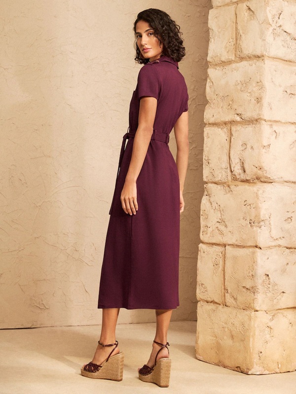 Love & Roses Burgundy Red Tailored Linen Look Midi Shirt Look Tie Waist Dress back view