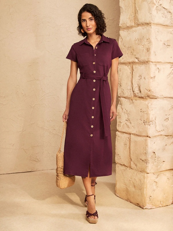 Love & Roses Burgundy Red Tailored Linen Look Midi Shirt Look Tie Waist Dress