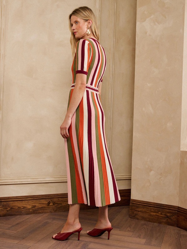 Love & Roses Multicoloured Striped Short Sleeve Knitted Midi Dress back view