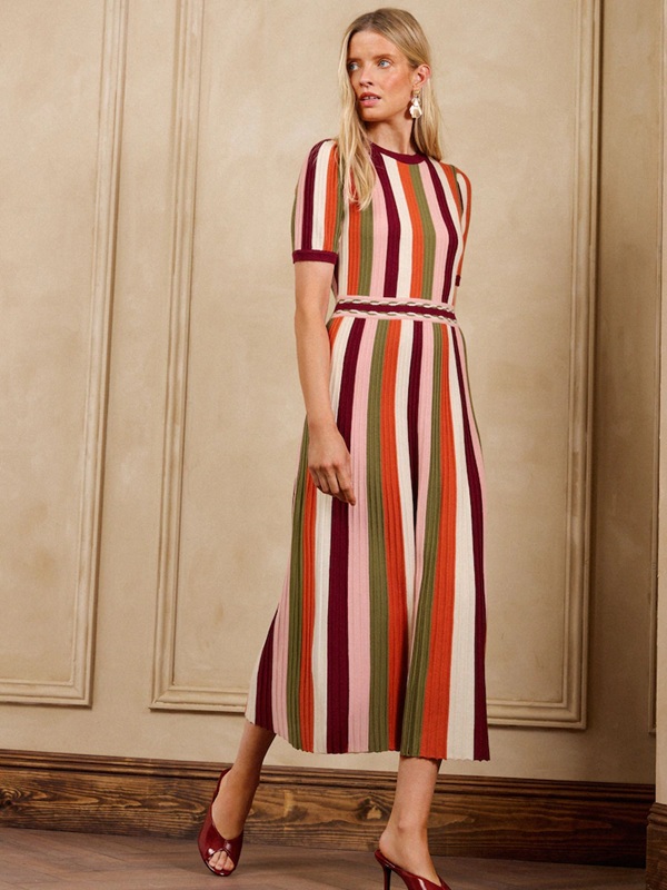 Love & Roses Multicoloured Striped Short Sleeve Knitted Midi Dress