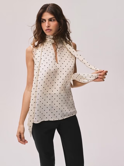 Mint Velvet Tie Neck Polka Dot Top, Natural Cream