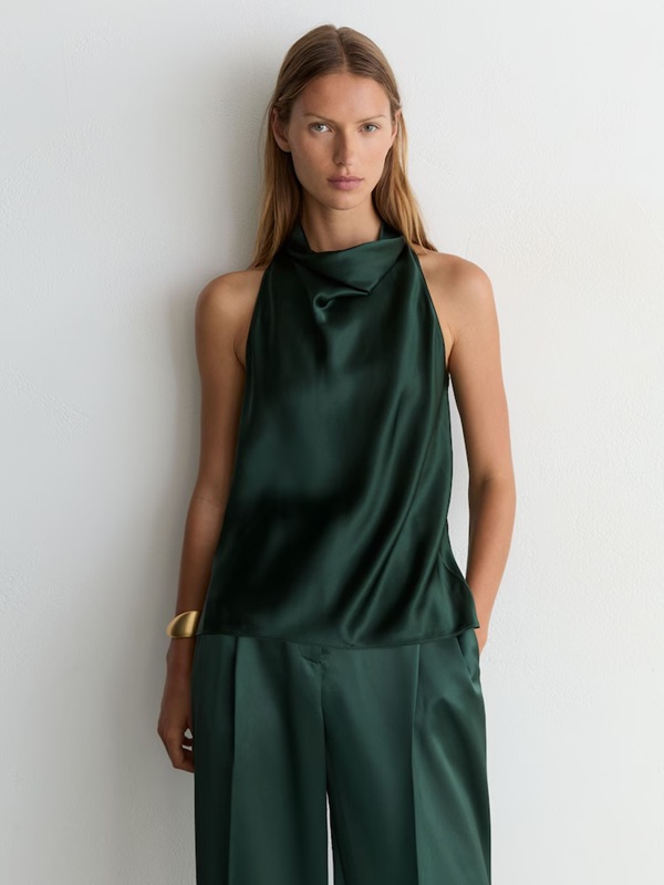 Reiss Kory Silk Cowl-Neck Sleeveless Top in Teal Green