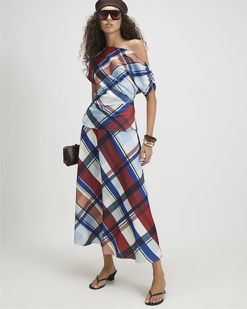 River Island Blue Check Satin Blouse