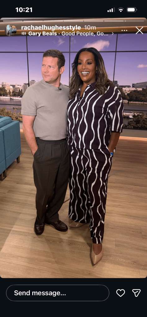 where to get all Alison Hammond This Morning outfits brown wavy prit co ord light brown slingback flat shoes what is Alison wearing 28 July 2026 Photo Rachael Hughes
