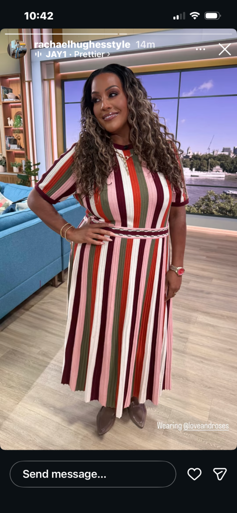 where to get all Alison Hammond This Morning outfits multi colour stripe knit midi dress brown patent shoes what is Alison wearing 21 July 2026 Photo Rachael Hughes
