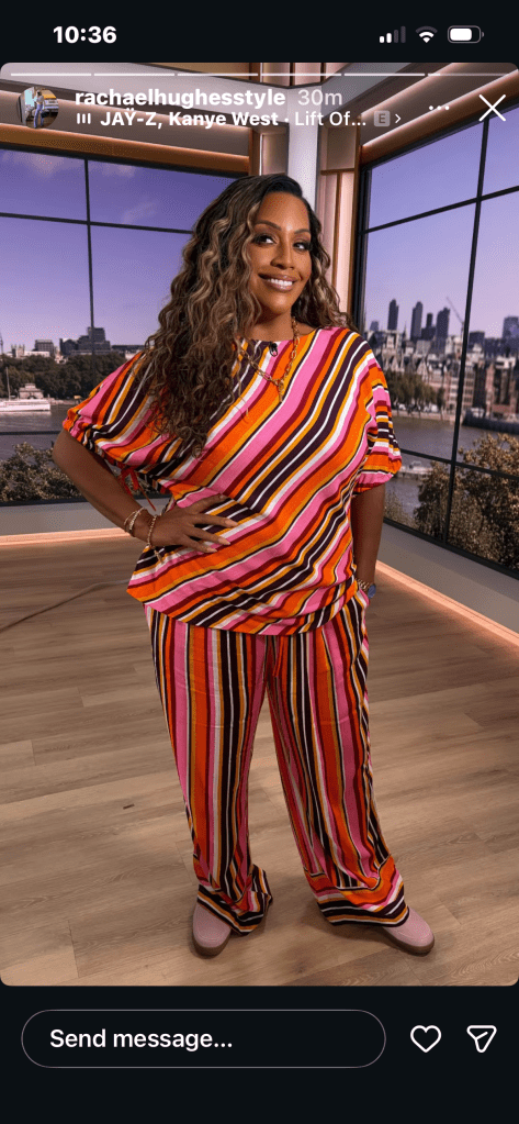 where to get all Alison Hammond This Morning outfits pink and orange strip co ord pink loafer shoes what is Alison wearing 23 July 2026 Photo Rachael Hughes