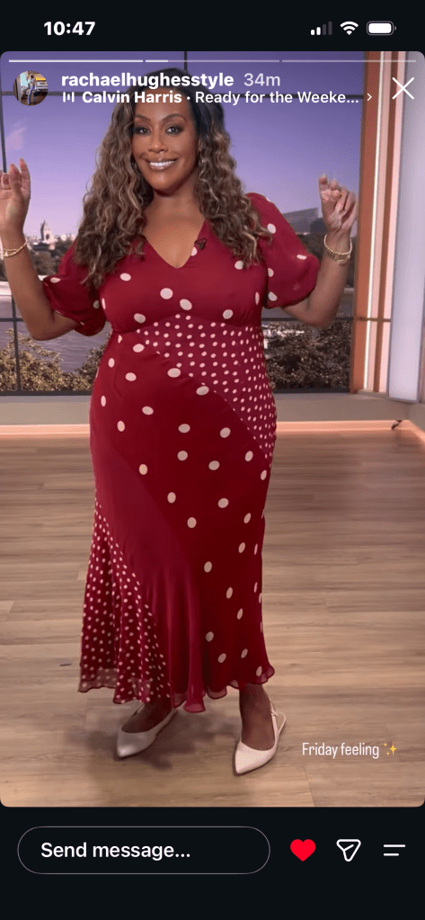 where to get all Alison Hammond This Morning outfits red burgundy polka dor midi dress white sligback flat shoes what is Alison wearing 24 July 2026 Photo Rachael Hughes
