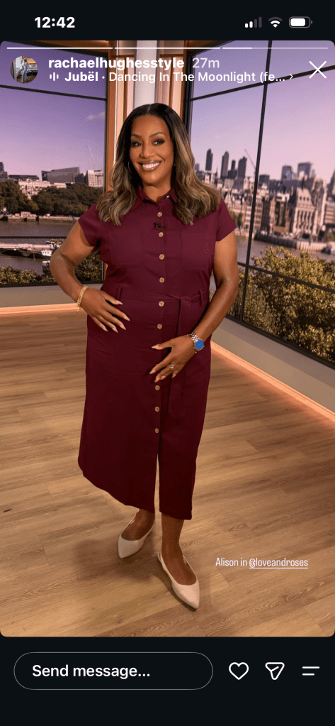where to get all Alison Hammond This Morning outfits red burgundy red  shirt dress midi dress white sligback flat shoes what is Alison wearing 27 July 2026 Photo Rachael Hughes