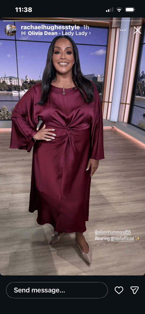 where to get all Alison Hammond This Morning outfits satin burgundy twist from midi dress beige slingbacks what is alison wearing 11 September 2026 Photo Rachael Hughes