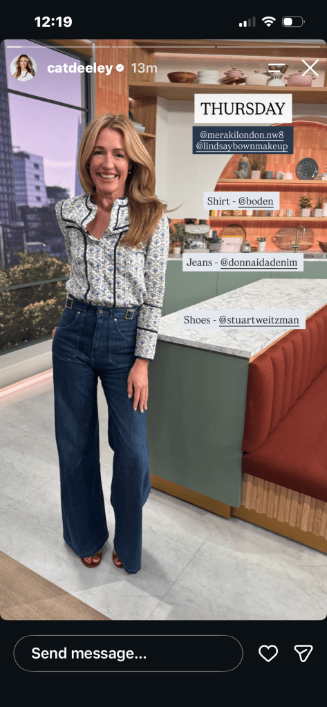 where to get all Cat Deeley this Morning outfits  blue flower lattice top with black trim blue wide leg jeans  brown sandals what is Cat wearing 2 July 2026 Photo Cat Deeley