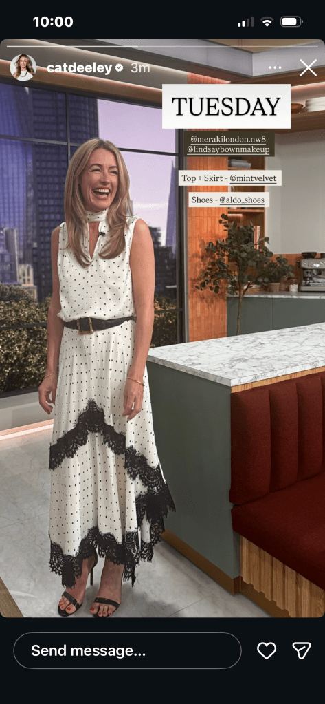 where to get all Cat Deeley this Morning outfits  cream and black polka dot tie neck top and lace midi skirt black sandals what is Cat wearing 14 July 2026 Photo Cat Deeley