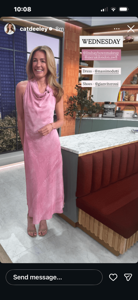 where to get all Cat Deeley this Morning outfits pink cowl neck midi dress nude suede sandals what is Cat wearing 15 July 2026 Photo Cat Deeley