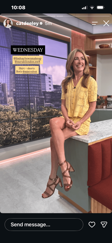 where to get all Cat Deeley this Morning outfits  yellow crochet shirt and shorts brown sandals what is Cat wearing 8 July 2026 Photo Cat Deeley