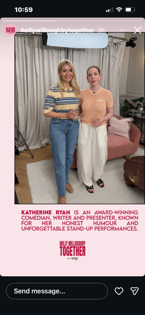 where to get all Holly Willoughby outfits Together blue and yelloe striped jumper blue jeans neutral brown suede Mary Jane shoes what is Holly wearing 32 July 2026 Photo Holly Willoughby