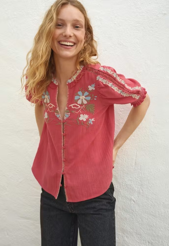  Wrap London Embroidered Short-Sleeve Blouse