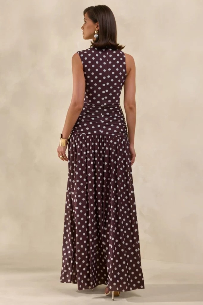 Club L London Kelis Brown Polka-Dot High-Neck Maxi Dress With Draped Detailing back view