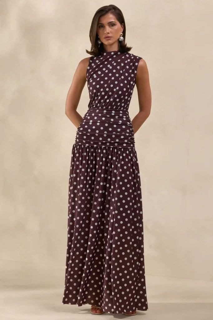 Club L London Kelis Brown Polka-Dot High-Neck Maxi Dress With Draped Detailing