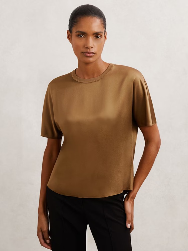 Reiss Lena Silk Short-Sleeve Top in Camel