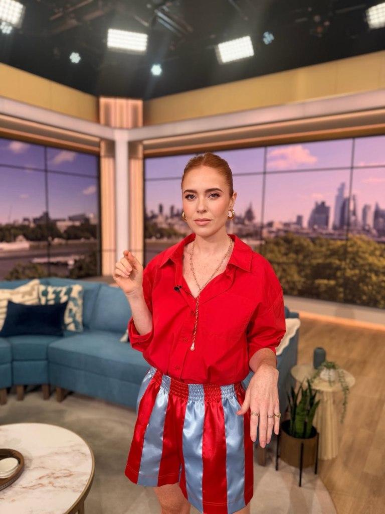 where to get all Angela Scanlon This morning outfits blue and red satin short red shirt red shoes what is Angela wearing 18 August 2026 Photo Marcos Gurgel