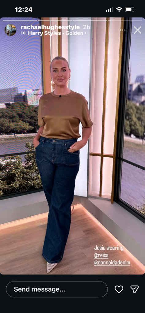 where to get all Josie gibson This Morning outfits camel brown silk top blue flared jeans white mesh slingbacks what is Josie wearing 5 August 2026 Photo Rachael Hughes