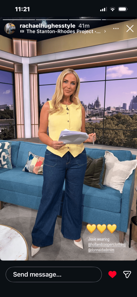 where to get all Josie Gibson This Morning outfits lemon yellow waistciat blue flare jeans white singbacks what is Josie wearing 26 August 2025 photo Rachael Hughes