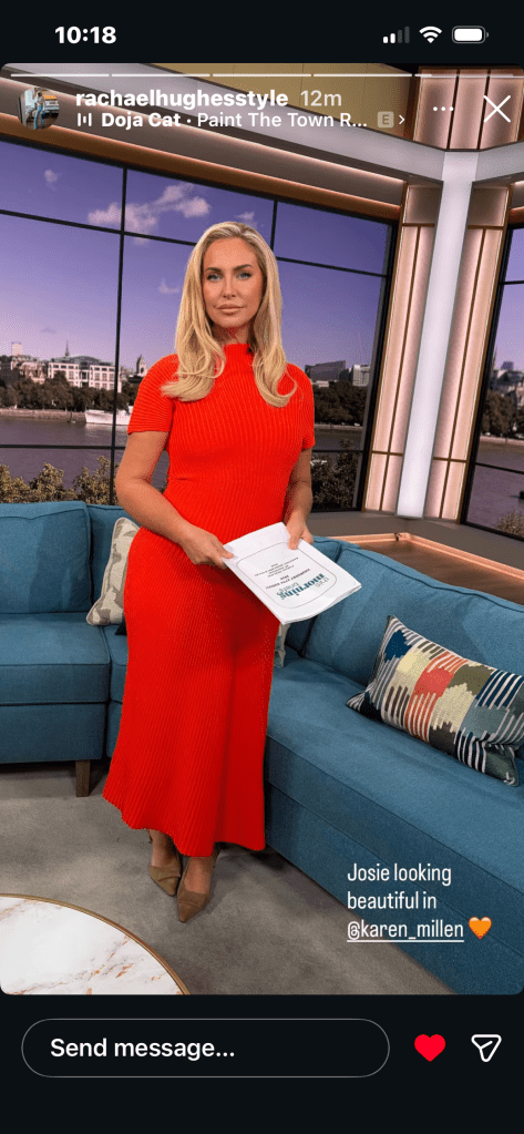 where to get all Josie Gibson This Morning outfits orage ribbed knit midi dress brown suede shoes what is Josie wearing 27 August 2025 photo Rachael Hughes