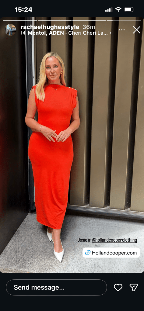where to get all Josie gibson This Morning outfits orang bodyco dress white slingbacks what is Josie wearing 4 August 2026 Photo Rachael Hughes v2