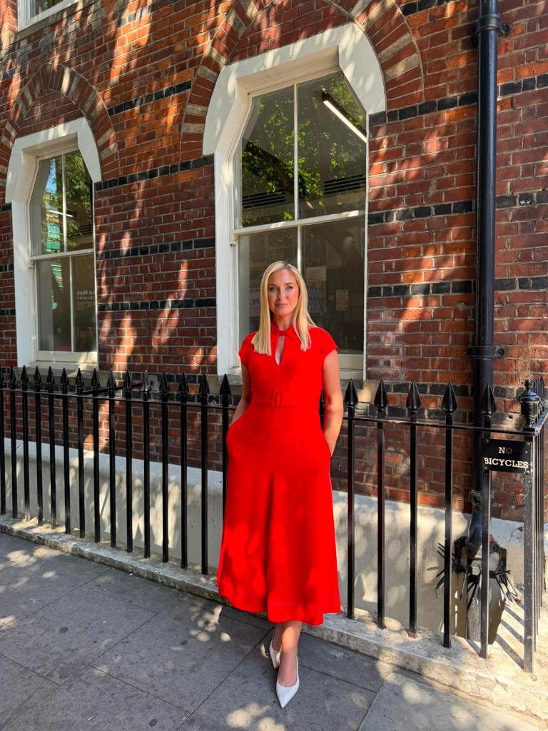 where to get all Josie gibson This Morning outfits red collared midi dress white singback shies what is Josie wearing 7 August 2026 Photo Josie Gibson