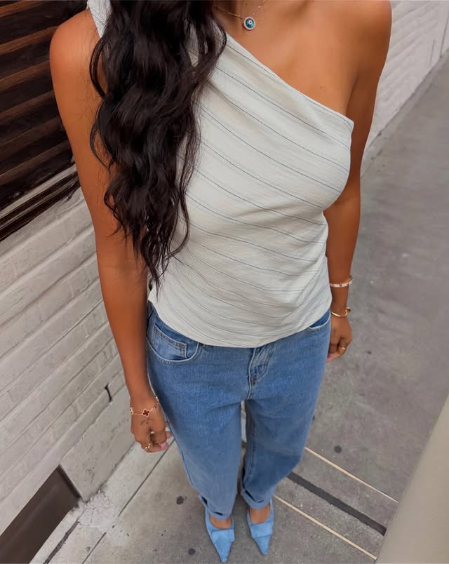 where to get all Rochelle Humes This Morning outfits white striped one shpulder top blue jeans plae blue suede shoes what is Rochelle wearing 11 August 2026 Photo Amber JAckson