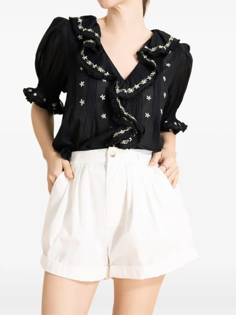 DOEN Hettie floral-embroidered ruffled blouse