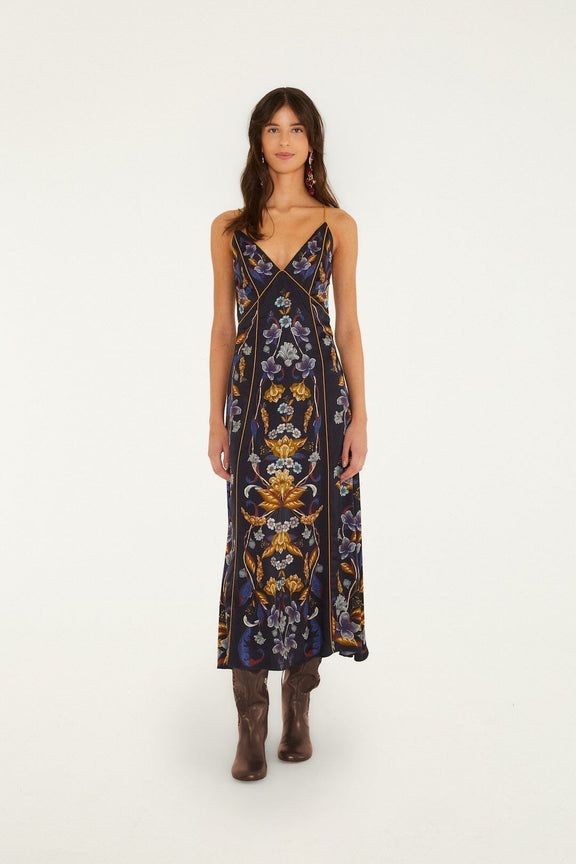 Farm Rio golden nature adjustable straps slip maxi dress