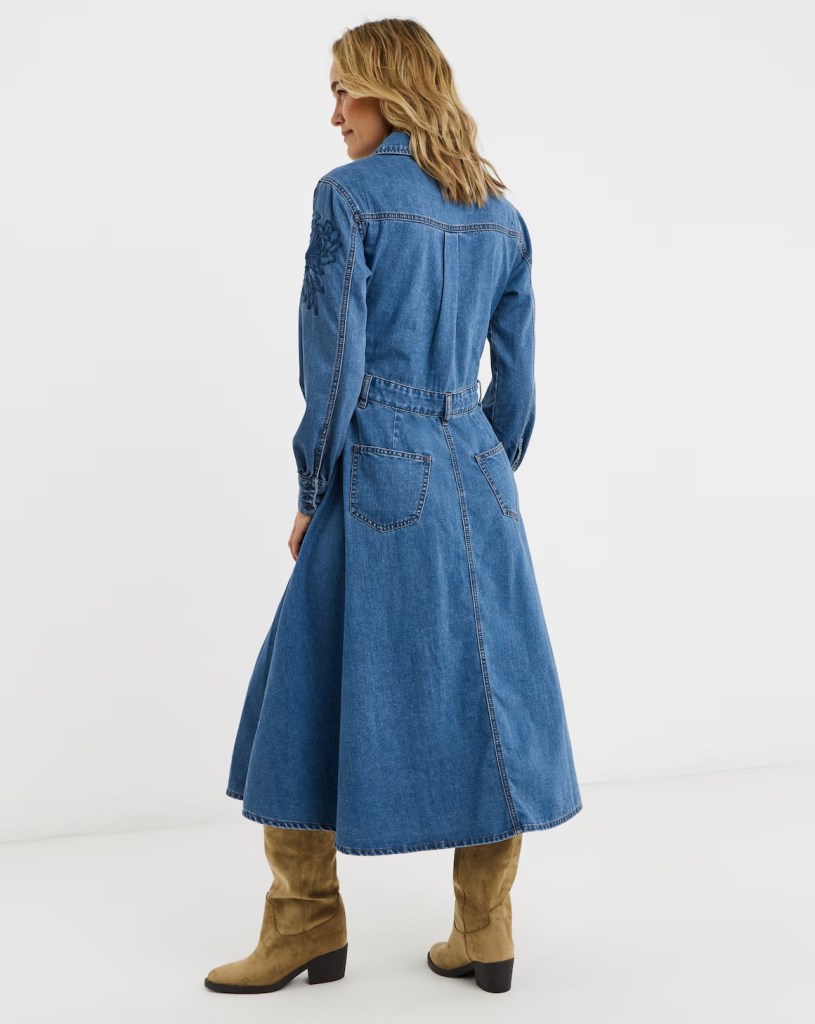 JD Williams Blue Embroidered Denim Midi Dress back view
