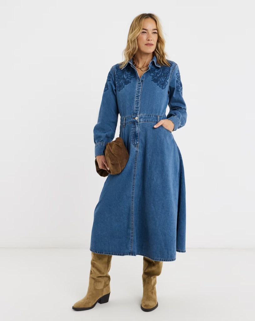 JD Williams Blue Embroidered Denim Midi Dress