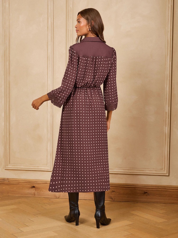 Love & Roses Chocolate Polka Dot Lace Trim Collared Midi Dress back view