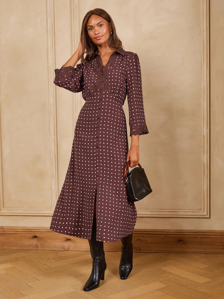 Love & Roses Chocolate Polka Dot Lace Trim Collared Midi Dress