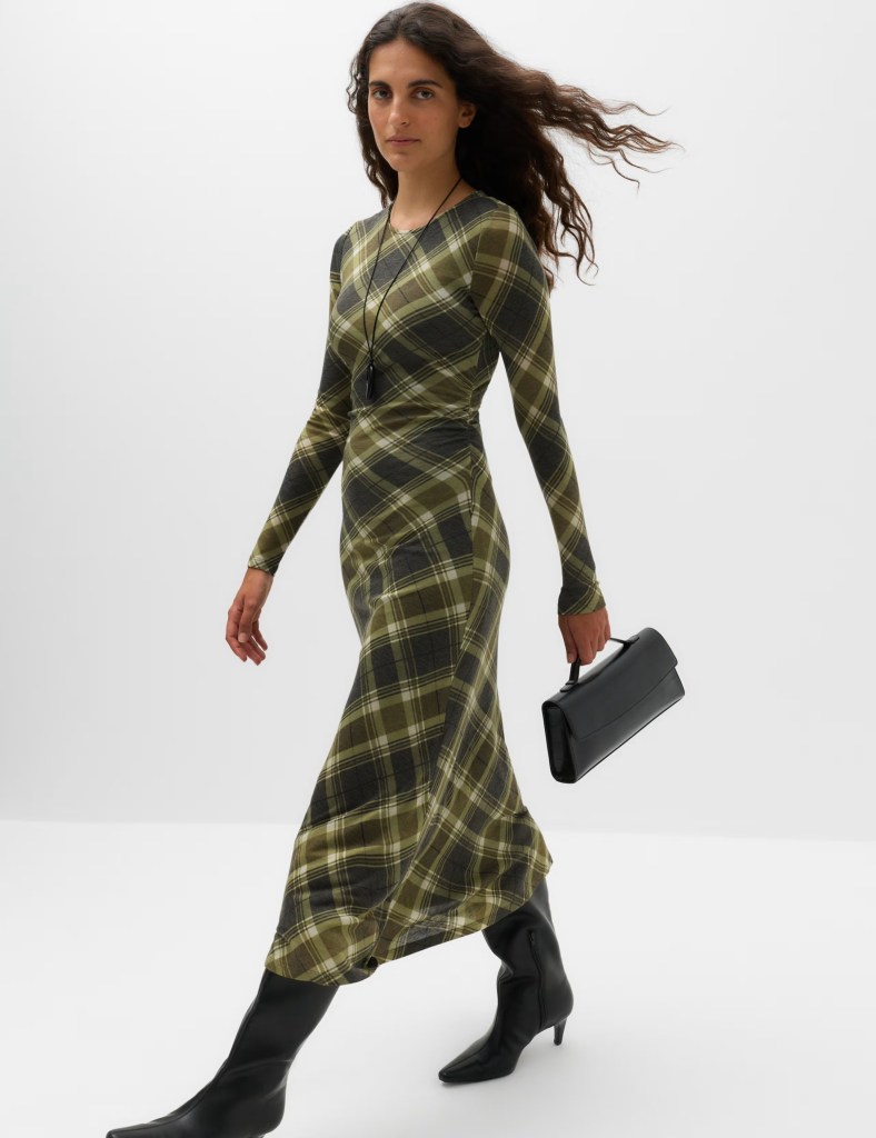 M&S Lyocell Blend Checked Midi Column Dress