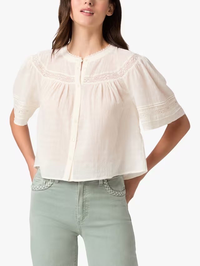 PAIGE Pasadena Short Sleeve Lace Trim Cotton Blend Blouse