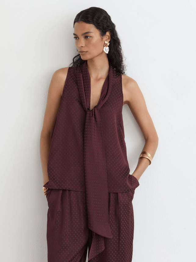 Reiss Tilly Jacquard Tie-Neck Sleeveless Top in Burgundy