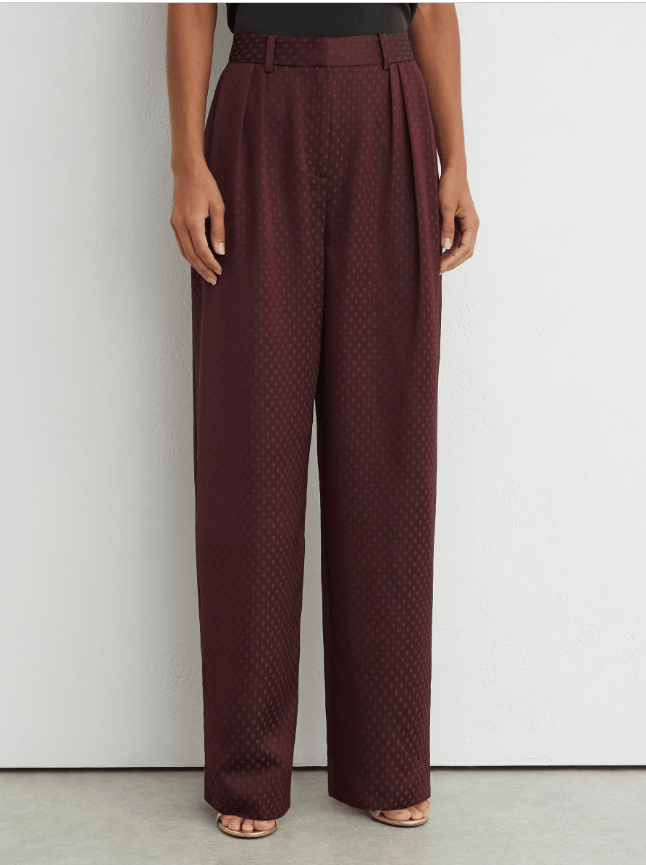 Reiss Tilly Jacquard Wide-Leg Pleated Trousers in Burgundy Red