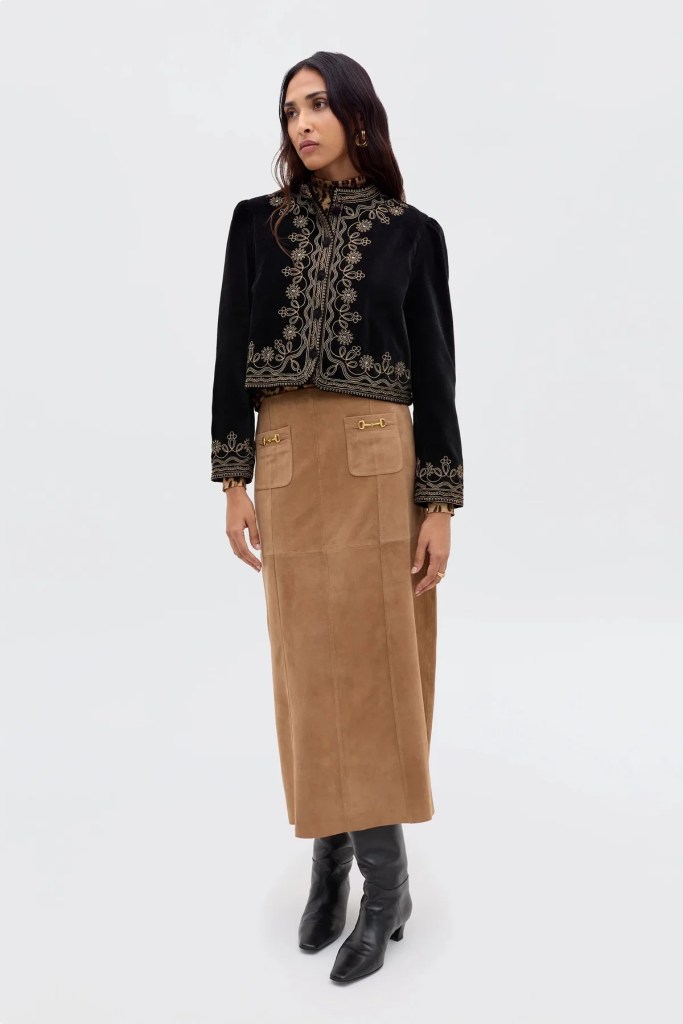 RIXO Edwina Suede Midi Skirt