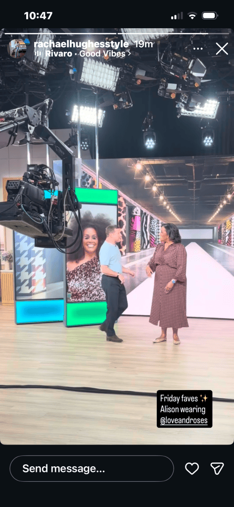 where to get all Alison Hammond This Morning outfits chocolate brown polka dot lace trim midi dress beige slingbacks what is alison wearing 18 September 2026 Photo Rachael Hughes