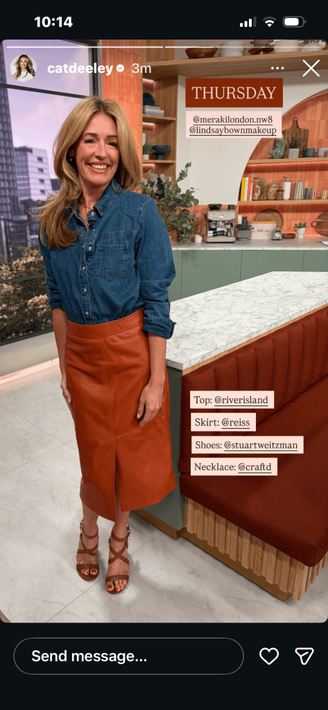 where to get all Cat Deeley this Morning outfits  blue denim shirt tan brown leather pencil skirt brown sandals what is Cat wearing 24 September 2026 Photo Cat Deeley