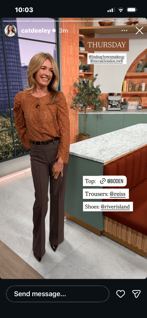 where to get all Cat Deeley this Morning outfits  ginger brown lace top brown seamed trousers patent shoes what is Cat wearing 17 September 2026 Photo Cat Deeley