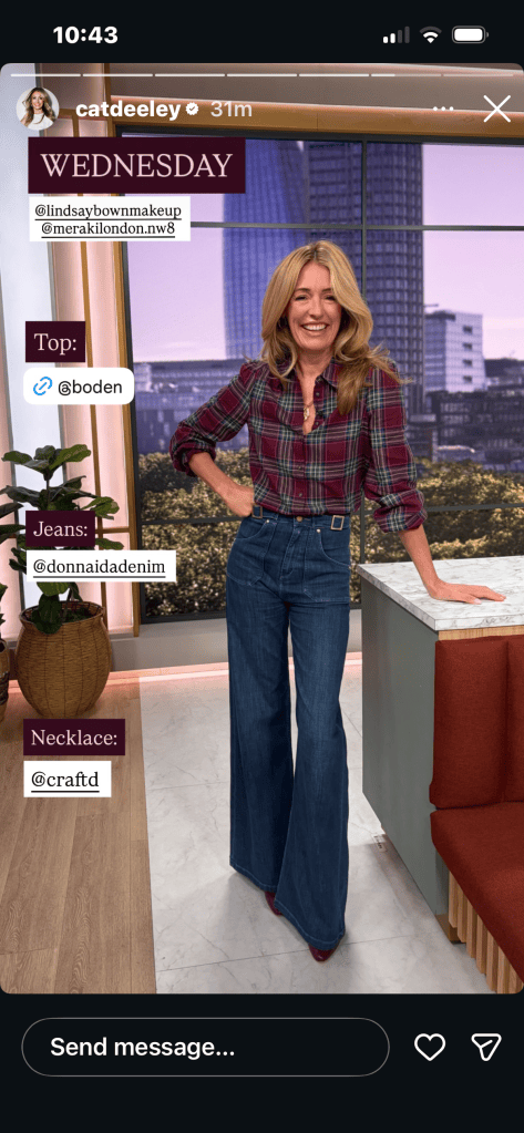 where to get all Cat Deeley this Morning outfits  maroon and green check top blue flared denim jeans what is Cat wearing 10 September 2026 Photo Cat Deeley