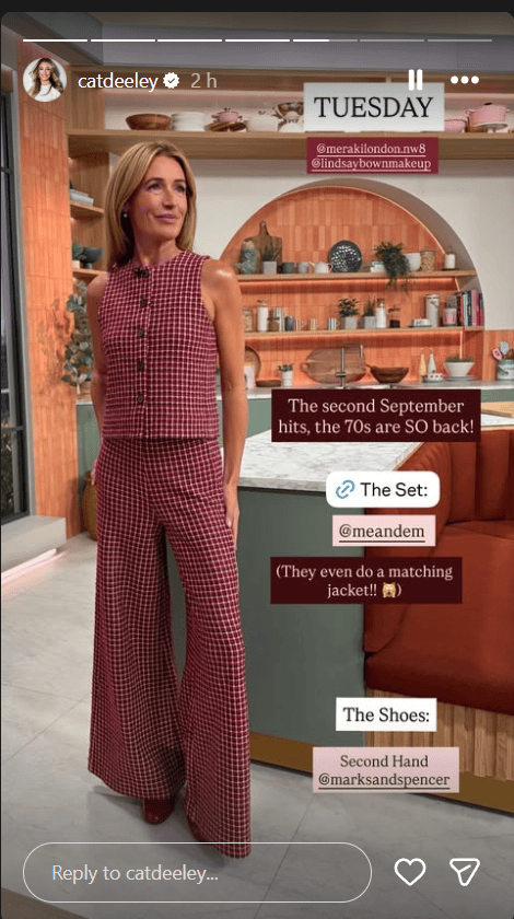 where to get all Cat Deeley this Morning outfits  red check waistcoat and wide leg trousers red court shoes what is Cat wearing 8 September 2026 Photo Cat Deeley