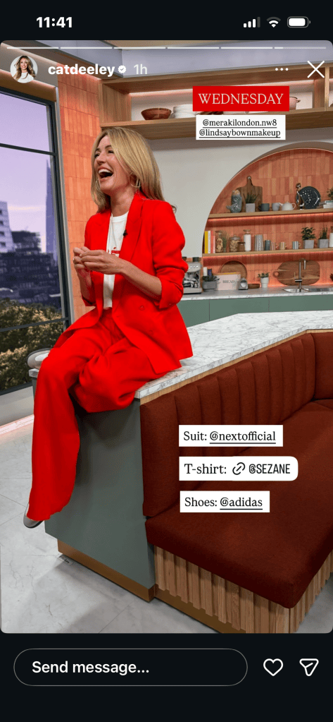 where to get all Cat Deeley this Morning outfits red trouser suit white L ete t-shirt trainers what is Cat wearing 16 September 2026 Photo Cat Deeley