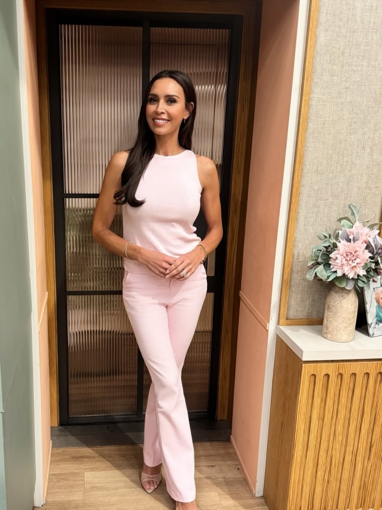 where to get all Christine Lampard This Morning outfits baby pink top and trousers pink mules what is Christine wearing 31 August 2026 Photo Christine Lampard