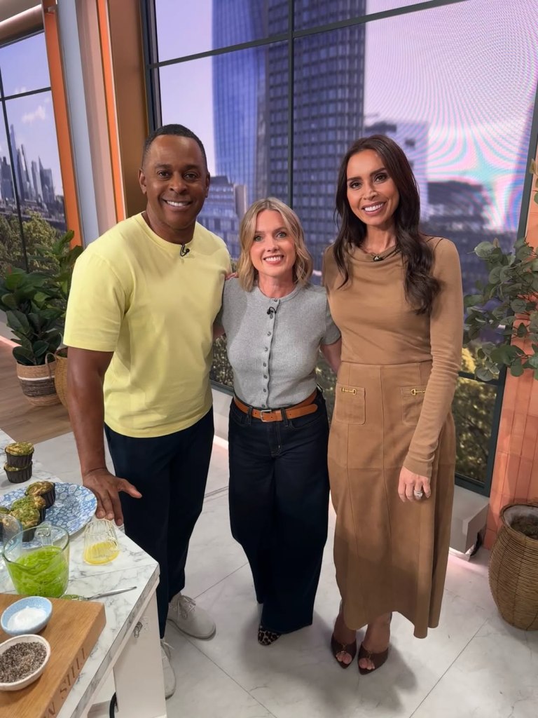 where to get all Christine Lampard This Morning outfits camel brown suede midi skirt brown drape top brown mules what is Christine wearing 4 September 2026 Photo Juliet Sear