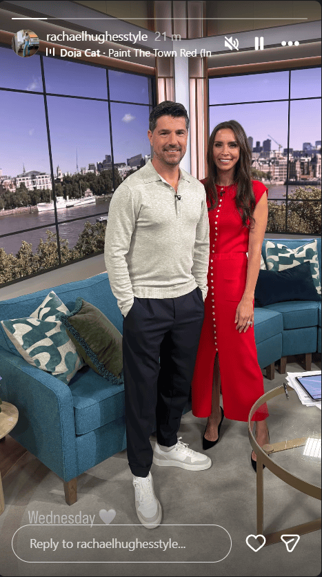where to get all Christine Lampard This Morning outfits red knit button up midi dress black court shoes what is Christine wearing 2 September 2026 Photo Rachael Hughes